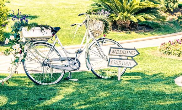old white wedding bicycle on green garden near flowers, vintage style
