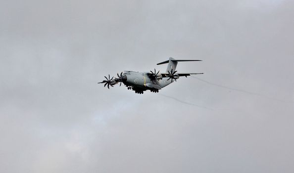 FRANCE, Bodolis : An A400M French transport military plane flies in the sky of Bodolis, in the Finistere region, ouest of France on October 5th, 2015. 