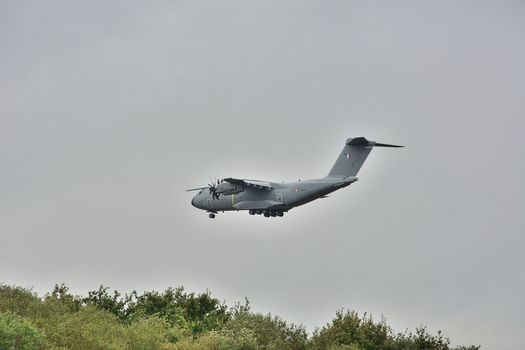 FRANCE, Bodolis : An A400M French transport military plane flies in the sky of Bodolis, in the Finistere region, ouest of France on October 5th, 2015. 