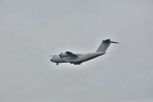 FRANCE, Bodolis : An A400M French transport military plane flies in the sky of Bodolis, in the Finistere region, ouest of France on October 5th, 2015. 