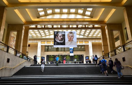Brussels, Belgium - May 12, 2015: Travellers in the main lobby of Brussels Central Train Station on May 12, 2015 in Brussels , Belgium.