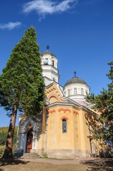 small ortodox church with pine in foreground
