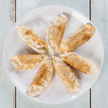 Top view fresh pan fried dumplings on plate with hot steams. Asian food on rustic vintage wooden background.