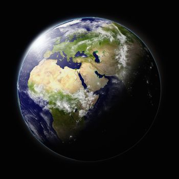 Realistic illustration of planet Earth as seen from space facing Africa, Europe and middle east region