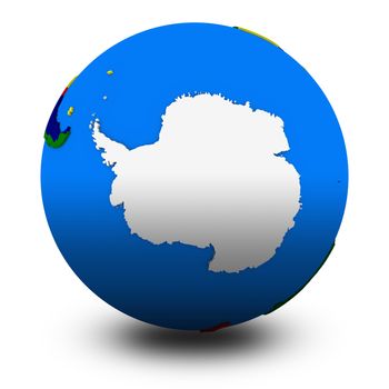 Antarctica on political globe, illustration isolated on white background with shadow