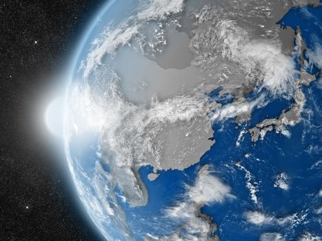 Concept of planet Earth as seen from space but with political borders aimed at east Asia region