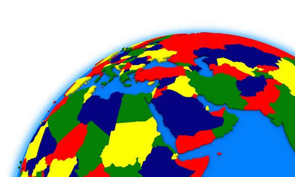 middle east region on globe, political map