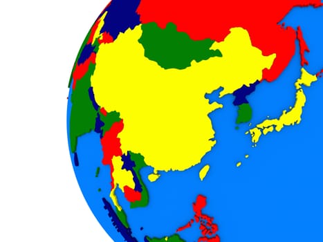 Illustration of east Asia region on political globe with white background