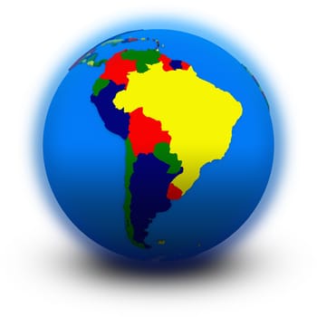 south America on political globe, illustration isolated on white background
