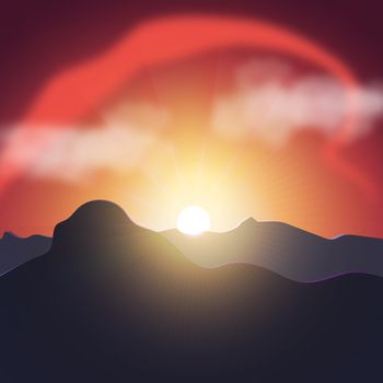 Beautiful landscape, purple sunset in mountains. Nature background template with place for text