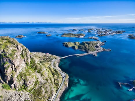 Fishing town Henningsvaer on Lofoten islands, popular tourist destination in Norway, aerial view
