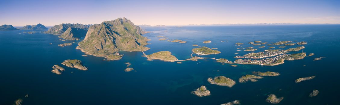Breathtaking aerial panorama of fishing town Henningsvaer on Lofoten islands, popular tourist destination in Norway
