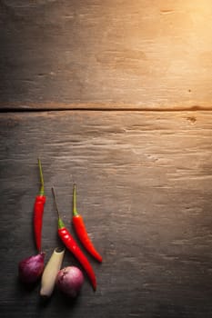 Thai spicy ingredients on wood background include red chili, red onion, and lemongrass in low key scene with blank copyspace area for text or message