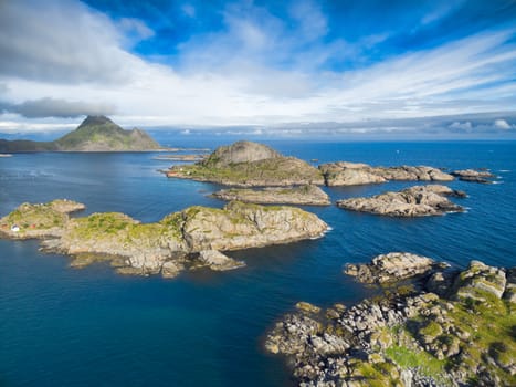 Scenic aerial view of rocky coast on Lofoten in Norway
