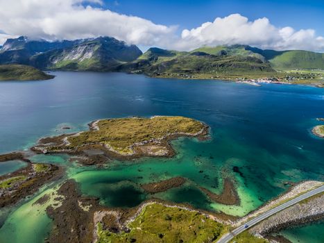 Scenic aerial view of fjord on Lofoten islands in Norway