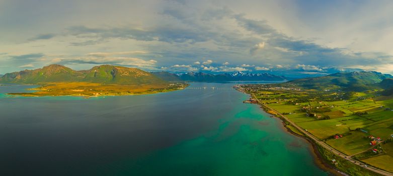 Scenic aerial panorama of Sortland on Vesteralen islands in Norway