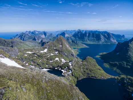 Scenic aerial view of fjords on Lofoten islands in Norway