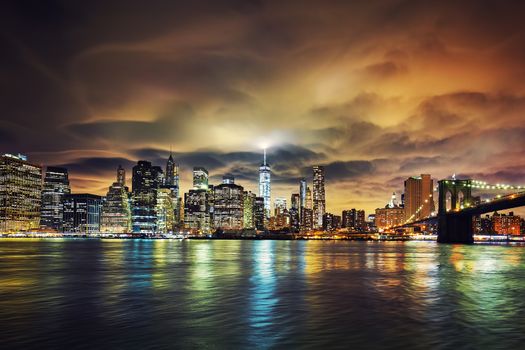 View of Manhattan at sunset, New York City. 