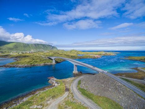Scenic view of road bridge on Lofoten islands in Norway