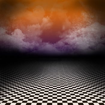 Empty, dark, psychedelic scenery with black and white checker floor and colorful clouds