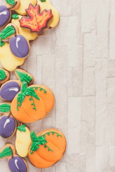 Pumpkin spice cookies in the shape of pumpkin, pear, plum and leaves