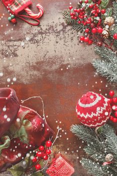 Christmas background with Christmas decorations on rustic background. Vintage style with blank space