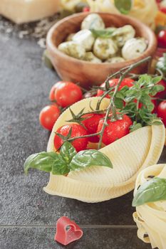 Dry pasta, mozzarella ,vegetables, herbs and cheese on dark background. Done with vintage retro filter.A macro photograph with shallow depth of field. Natural light