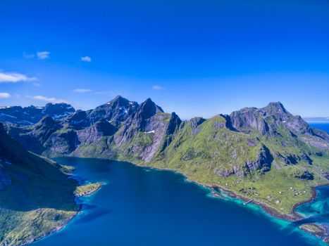 Fjords on beautiful Lofoten islands in Norway, aerial panorama