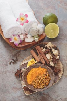 Some of the traditional Indonesian spices used in Jamu spa treatments. Macro, selective focus, retro style processing. Natural light