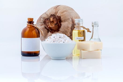 Coconut essential Oils natural Spa Ingredients for scrub ,massage and skin care isolate on white background.