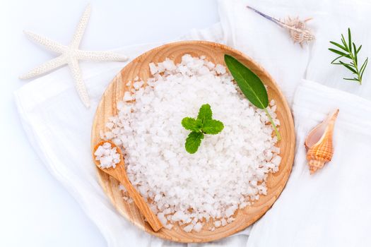  Sea salt natural spa ingredients ,herbs,sea shells and starfish  for scrub and skin care isolate on white background.
