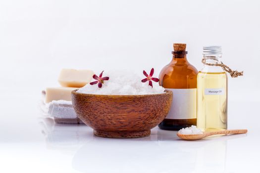 Sea salt natural spa ingredients ,herbs,soap and massage oils for scrub and skin care isolate on white background.