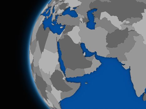 Illustration of middle east region on political globe with black background