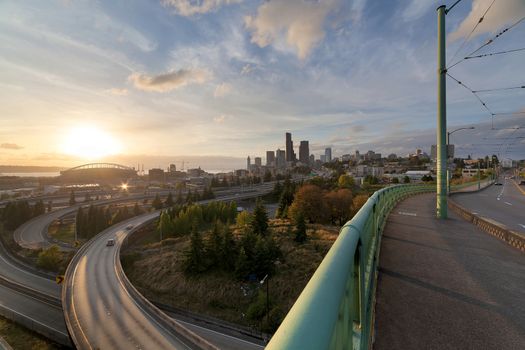 Seattle Washington Downtown City Skyline with Freeways from the Bridge During Sunset