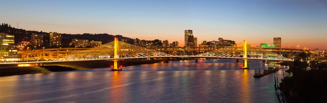 Tilikum Crossing Bridge with Portland Oregon Downtown City Skyline at Dusk Panorama