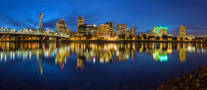 Portland Oregon Downtown Waterfront City Skyline by Hawthorne along Willamette River during Blue Hour Panorama