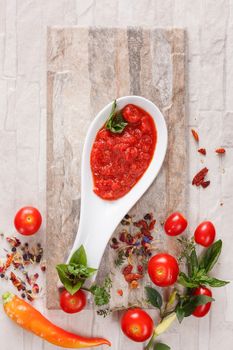 Tomato and roasted pepper chutney on spoon, top niew