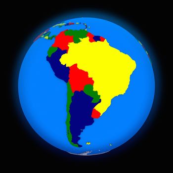 south America on political globe on black background