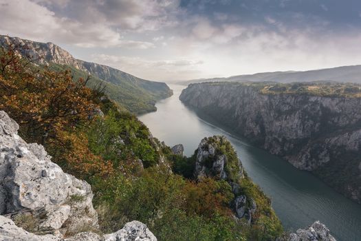 Cliffs over Danube river, Djerdap National park, east Serbia. View from the top of the cliffs of Djerdap gorge during sunset, Vintage and dark toned