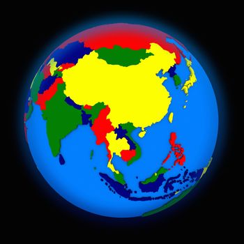 southeast Asia on political globe on black background