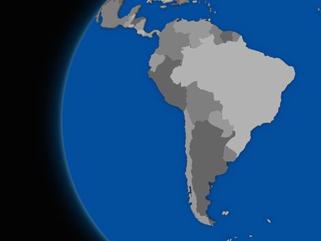 Illustration of south american continent on political globe with black background