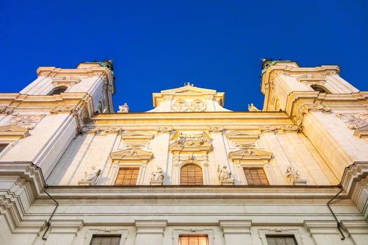 Salzburg, Austria - December 31, 2013: Cathedral of Salzburg by night - upper view from dome square
