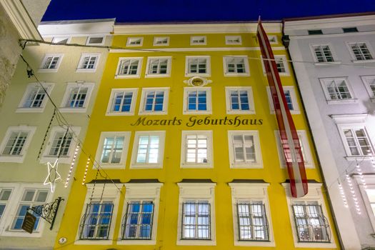 Salzburg, Austria - December 31, 2013: Birth house of Wolfgang Amadeus Mozart by night.