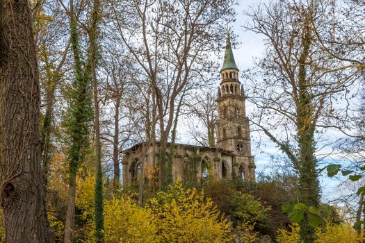 Ludwigsburg, Germany - November 9, 2013: Old ruin in the castle ground park of Castle Schloss Monrepost - a recreational area nearby city of Ludwigsburg.