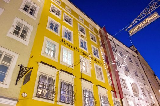 Salzburg, Austria - December 31, 2013: Birth house of Wolfgang Amadeus Mozart by night.