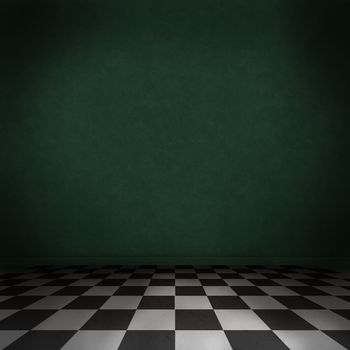 Dark green room with black and white checker on the floor. Empty background interior.