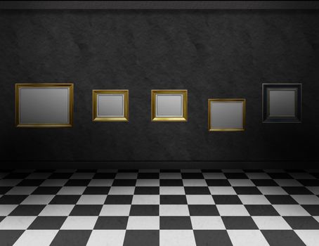 Empty, dark gallery room with black and white checker on the floor and empty frames for paintings or photography, on the dark wall