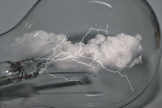 Multi-image photo with electrical globe, could and lightning bolts