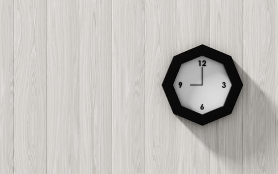 Black clock hanging on the wood wall , abstract background