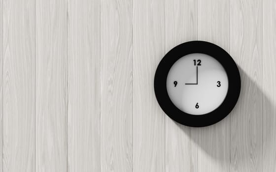 Black clock hanging on the wood wall , abstract background